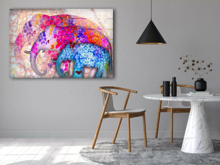 Colorful Elephants Glass Wall Art photo print on glass, prints on glass wall art