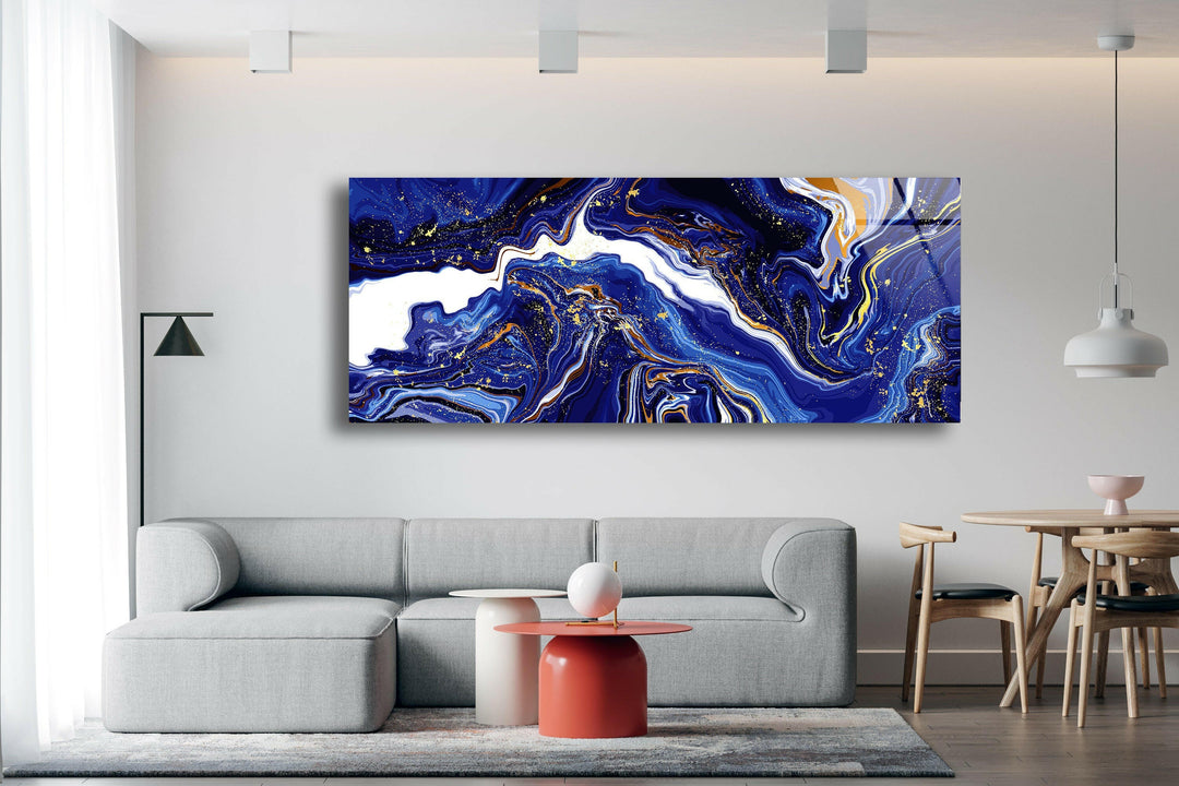 Gold, Blue Abstract Marble Glass Wall Art, large glass photo prints, glass wall photos