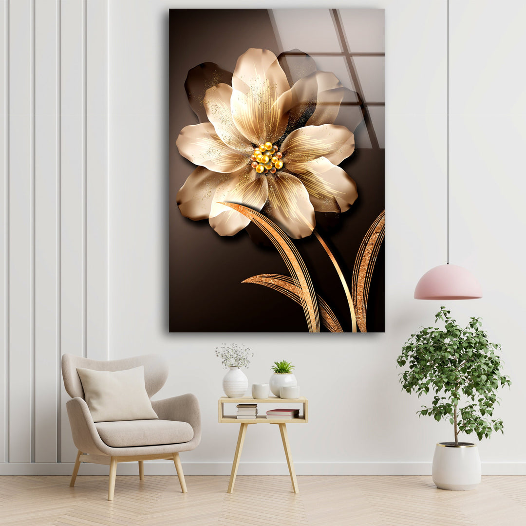 Golden Flower Glass Wall Art, glass wall decor, glass wall art decor