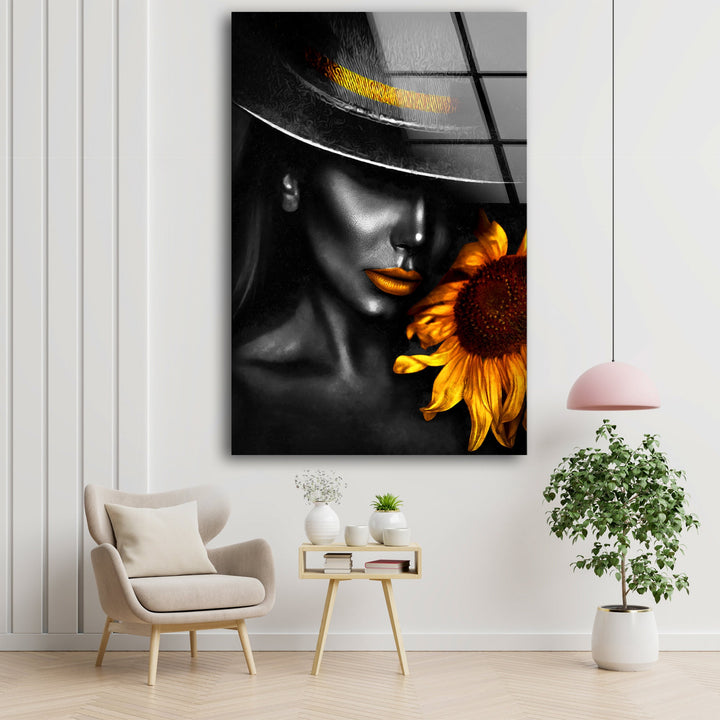 Black Woman and Sunflower Glass Wall Art