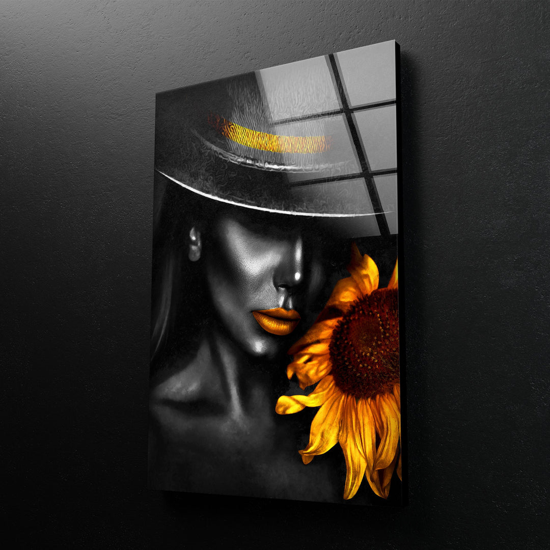 Black Woman and Sunflower Glass Wall Art