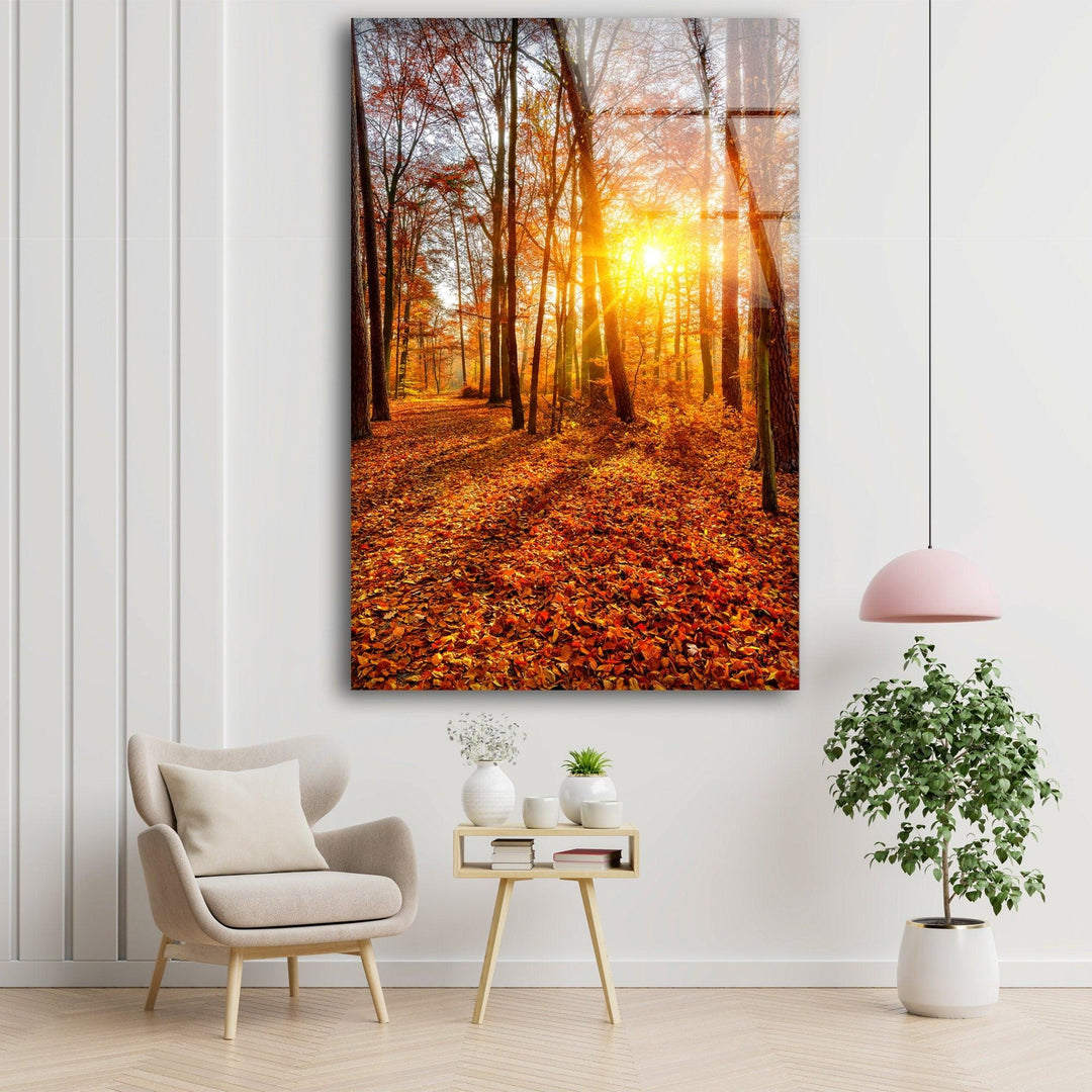 Spring Leaves Sunset Glass Wall Art Glass Printing Wall Art, Print photos on glass