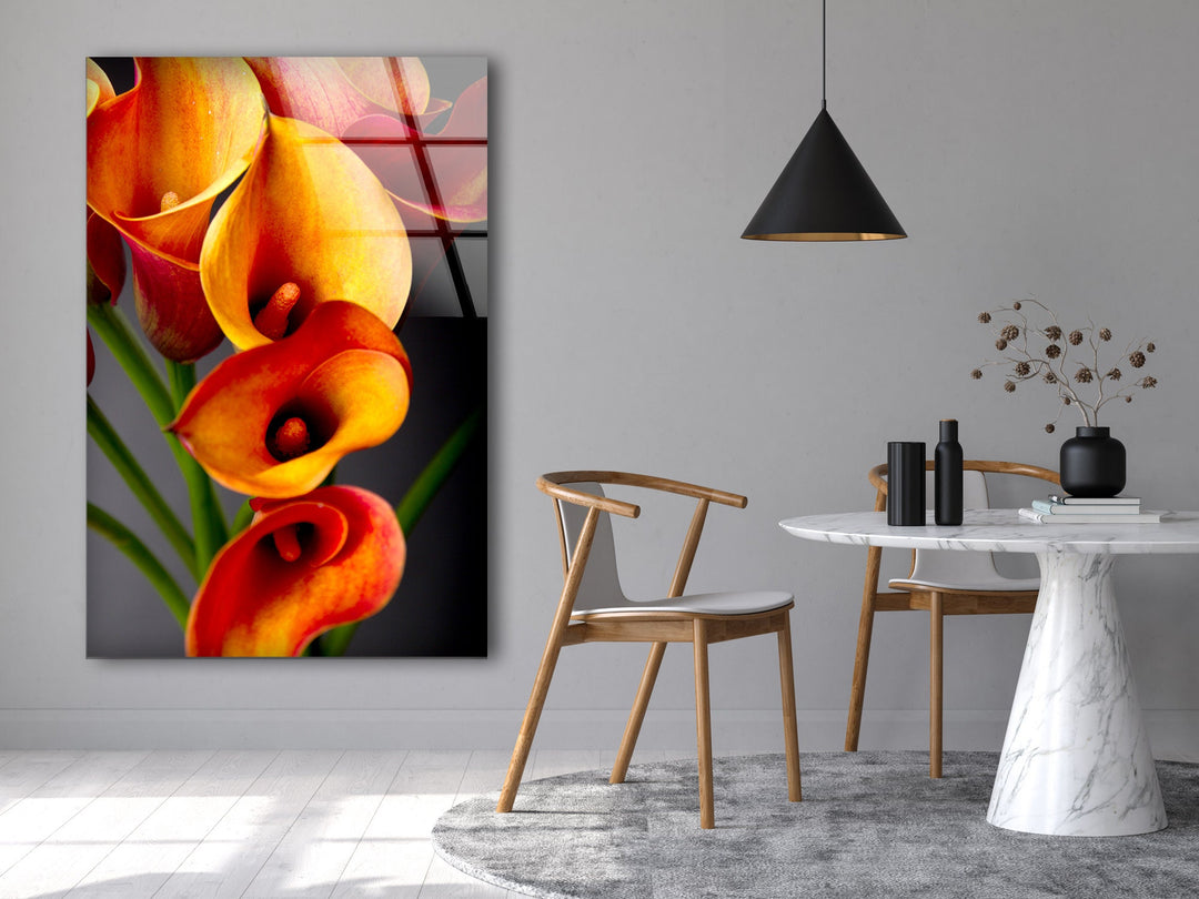 Orange Calla Lilies Glass Wall Art, glass image printing, glass prints from photos