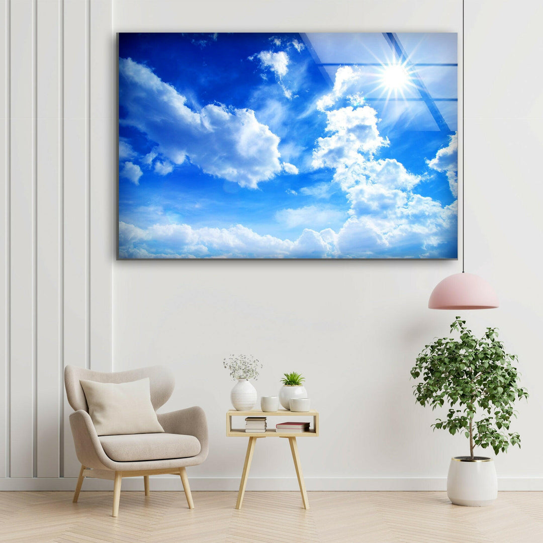 White Clouds and Blue Sky Glass Wall Art