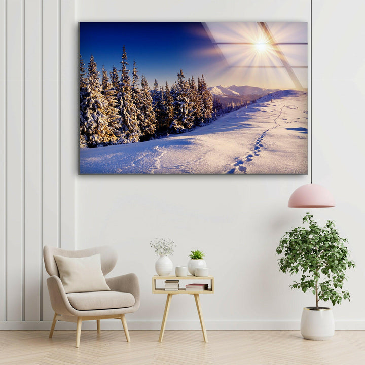 Snowy Forest Sunset Glass Wall Art large glass photo prints, glass wall photos