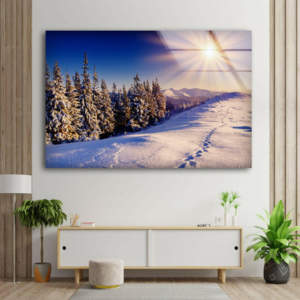 Snowy Forest Sunset Glass Wall Art