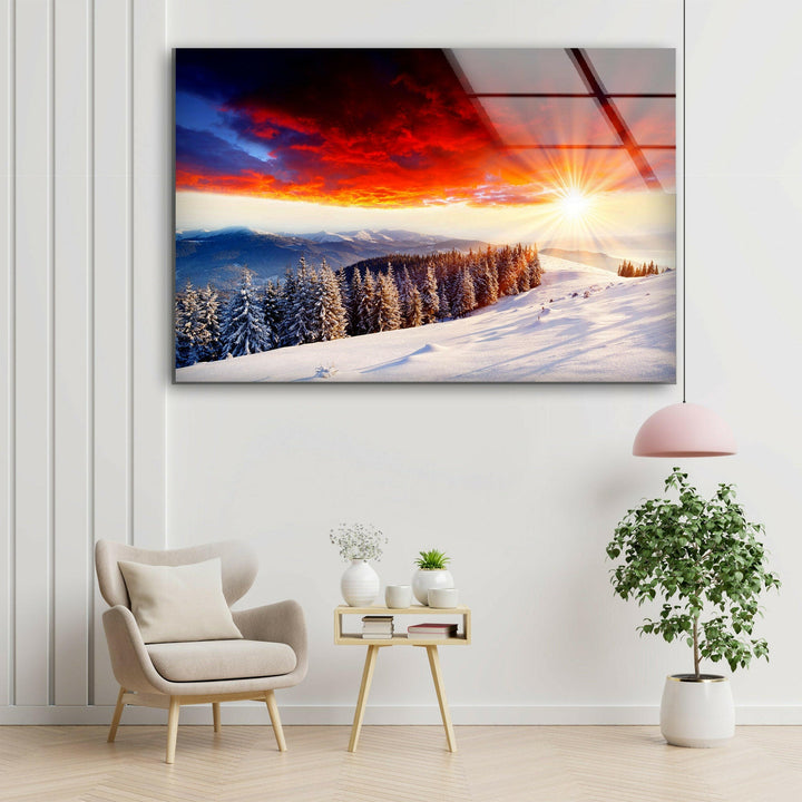 Winter Sunrise in a Snowy Glass Wall Art glass pictures for Wall, glass prints wall art