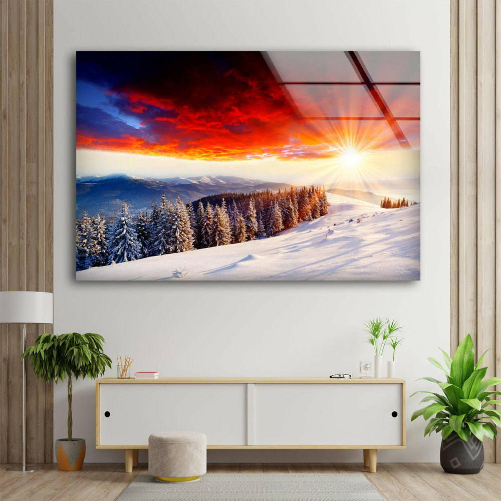 Winter Sunrise in a Snowy Glass Wall Art art glass wall art, glass wall art pictures