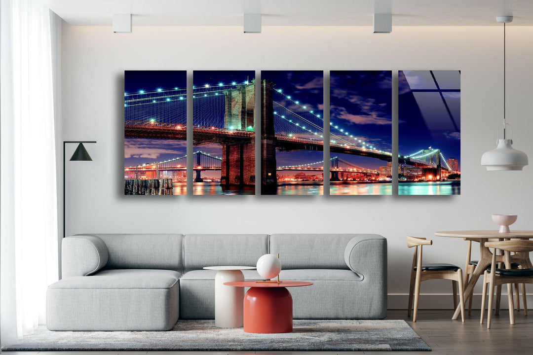 Manhattan Bridge Night Landscape Glass Wall Art, photo print on glass, prints on glass wall art