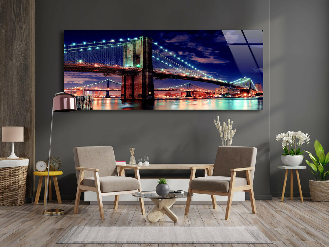 Manhattan Bridge Night Landscape Glass Wall Art, glass pictures for Wall, glass prints wall art