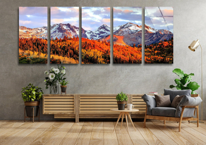 Mountain Autumn Landscape Glass Wall Art, picture on glass wall art, photos printed on glass