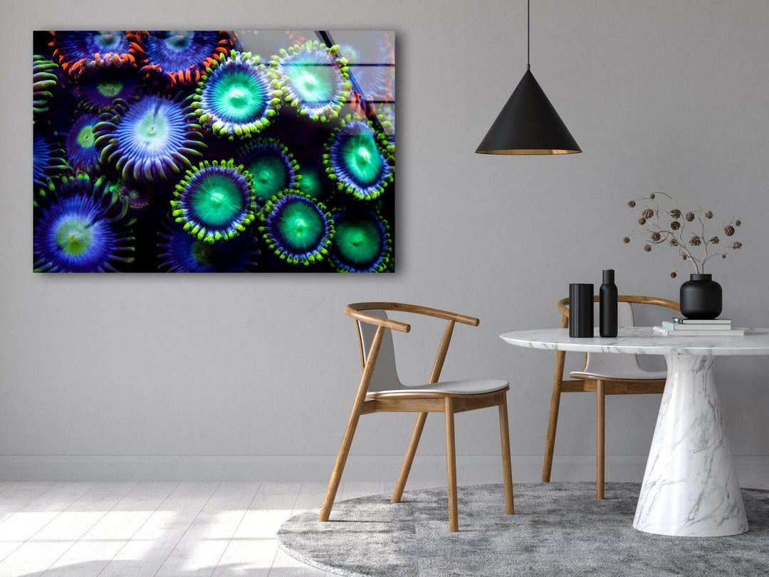 Neon Coral Glass Wall Art photo print on glass, prints on glass wall art