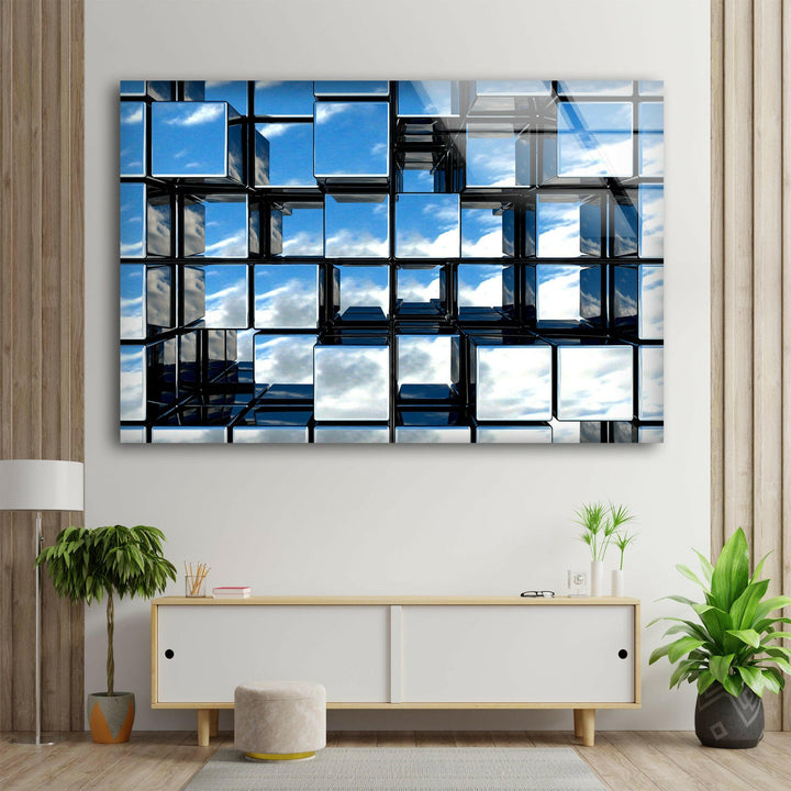 Mirror Effect 3D Cubes Vibrant Abstract Paintings on Glass Panels