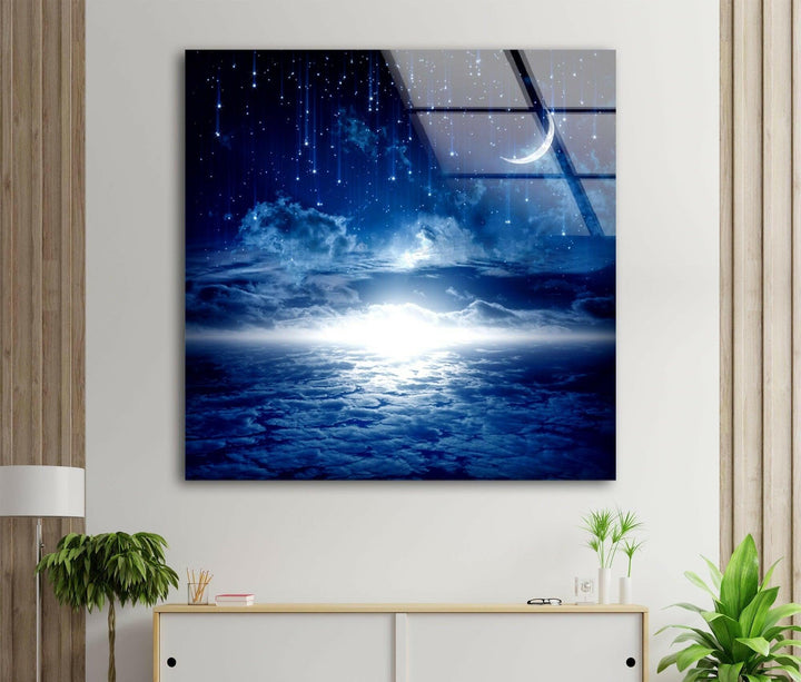 Starry Night Sky Moon Glass Wall Art, custom glass photo prints, large glass prints