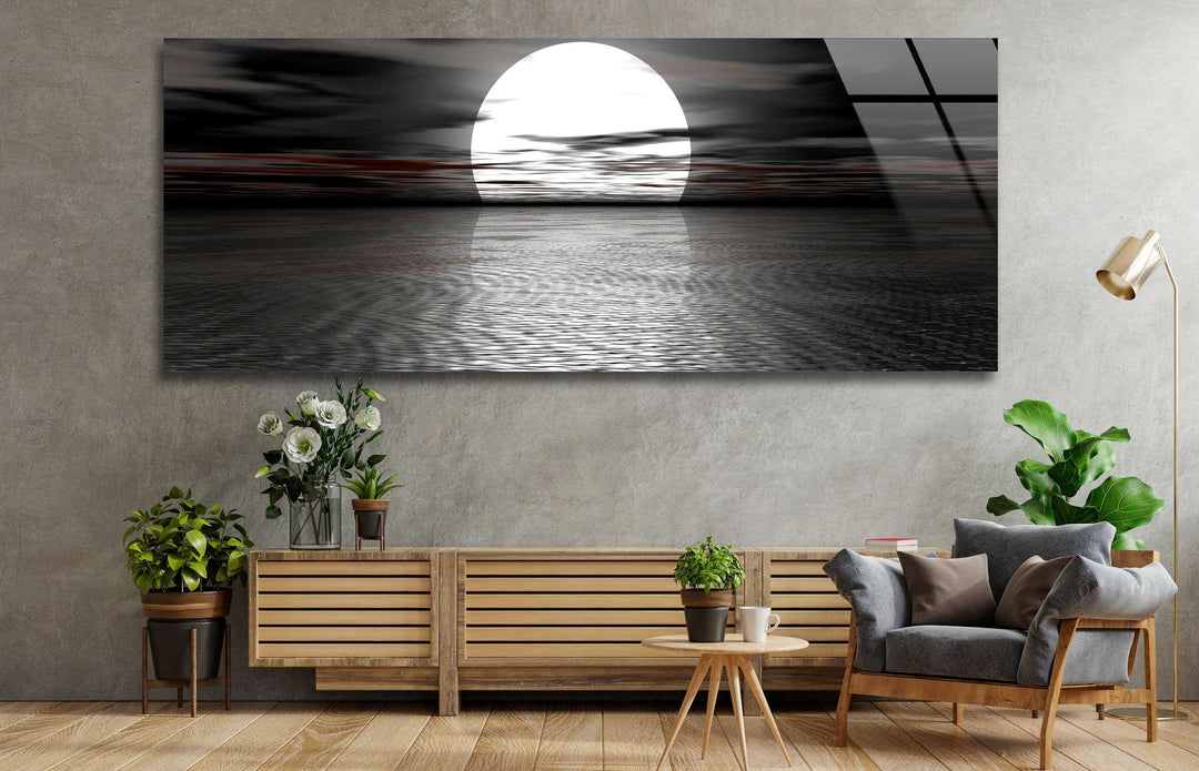 Full Moon Black Seascape Glass Wall Art, glass wall decor, glass wall art decor