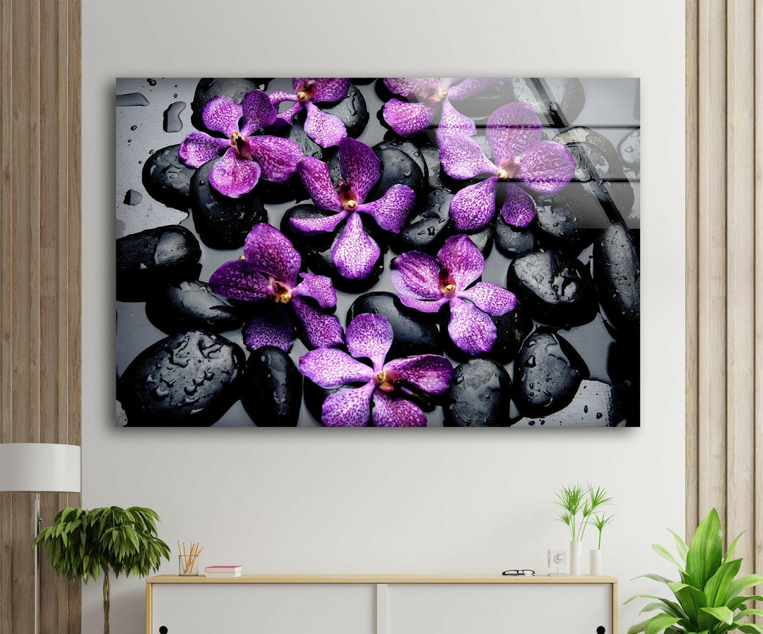 Orchid and Zen Stones Glass Wall Art, glass image printing, glass prints from photos
