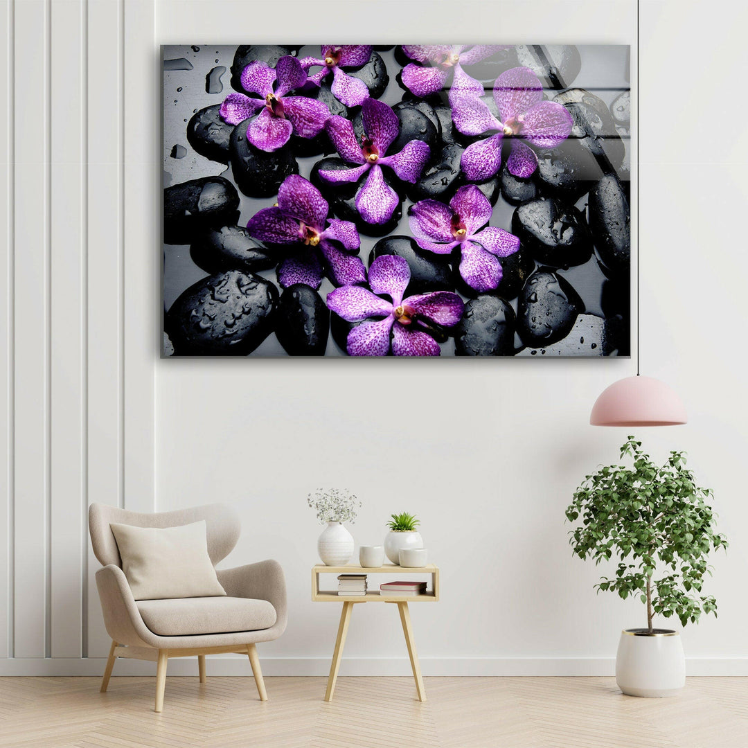 Orchid and Zen Stones Glass Wall Art, glass wall decor, glass wall art decor
