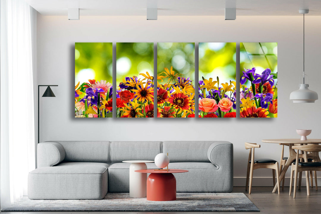 Colorful Flower Garden Glass Wall Art, custom glass pictures, glass art prints