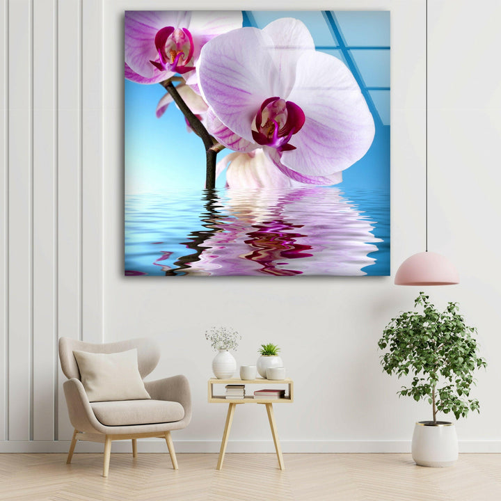 Pink Orchid Glass Wall Art, picture on glass wall art, photos printed on glass