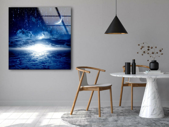 Starry Night Sky Moon Glass Wall Art, glass pictures for Wall, glass prints wall art