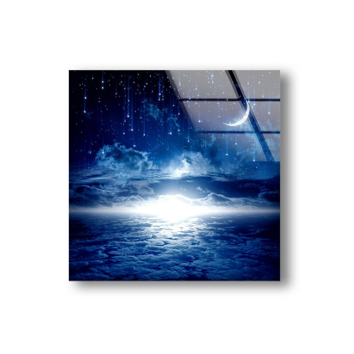 Starry Night Sky Moon Glass Wall Art, glass art painting, glass art for the Wall