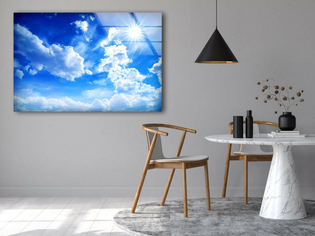 White Clouds and Blue Sky Glass Wall Art