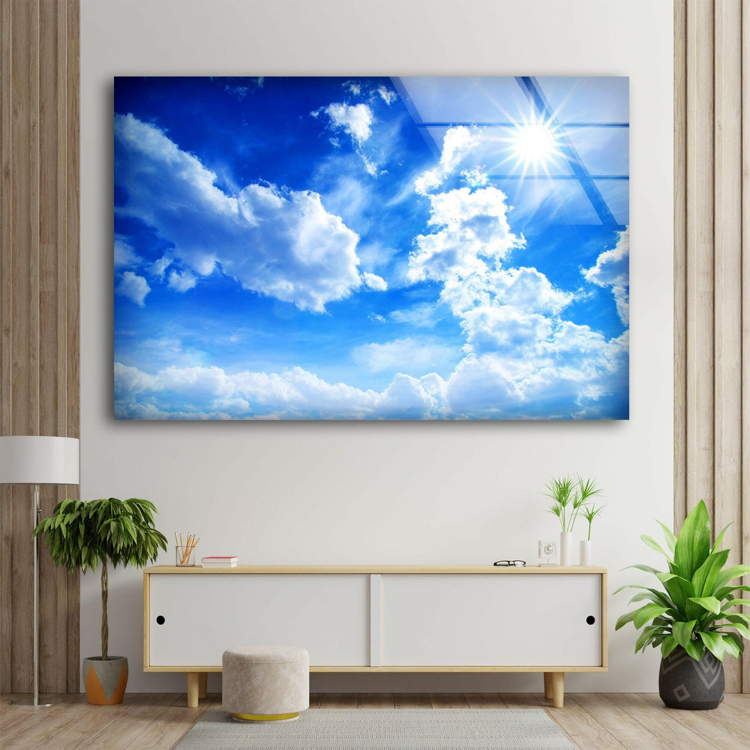 White Clouds and Blue Sky Glass Wall Art