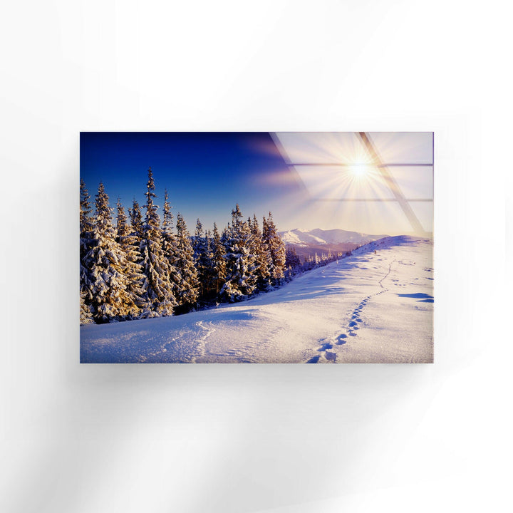 Snowy Forest Sunset Glass Wall Art custom glass photo prints, large glass prints