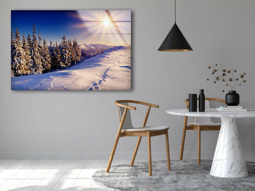 Snowy Forest Sunset Glass Wall Art glass pictures for Wall, glass prints wall art