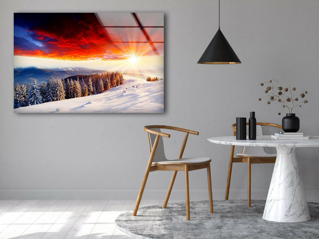 Winter Sunrise in a Snowy Glass Wall Art glass photo prints, glass picture prints