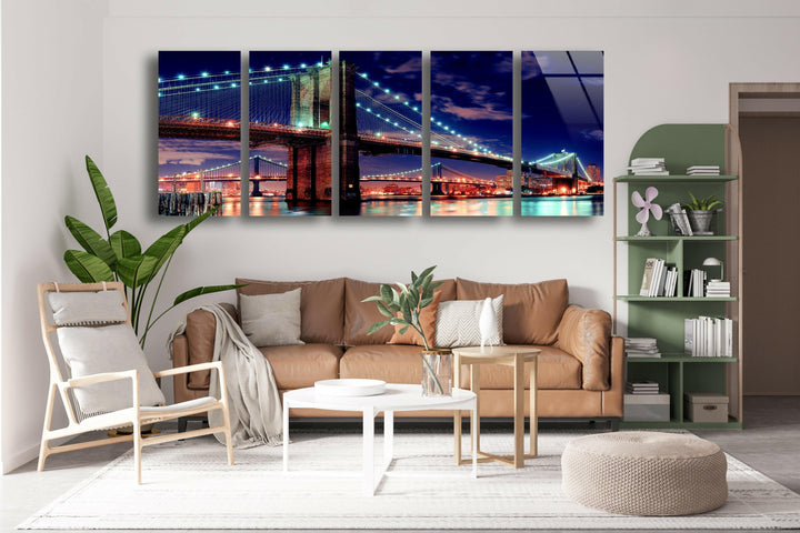 Manhattan Bridge Night Landscape Glass Wall Art, large glass photo prints, glass wall photos