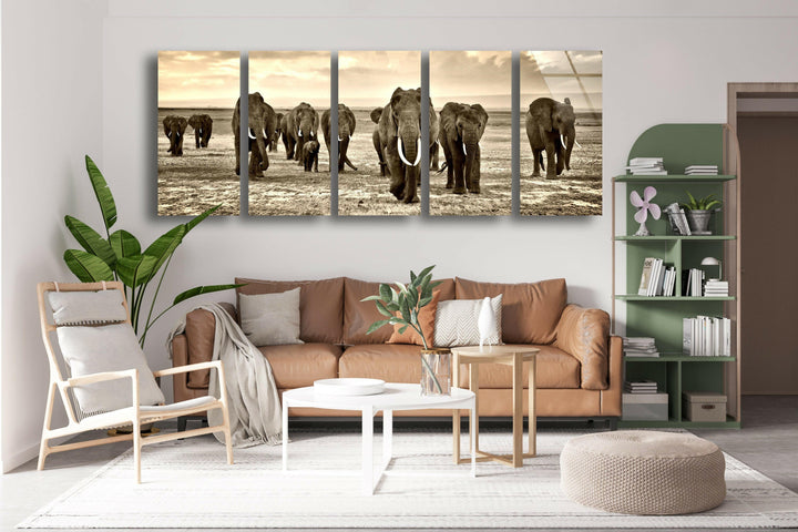 Black&White African Elephants Glass Wall Art, print on glass, glass printed photos