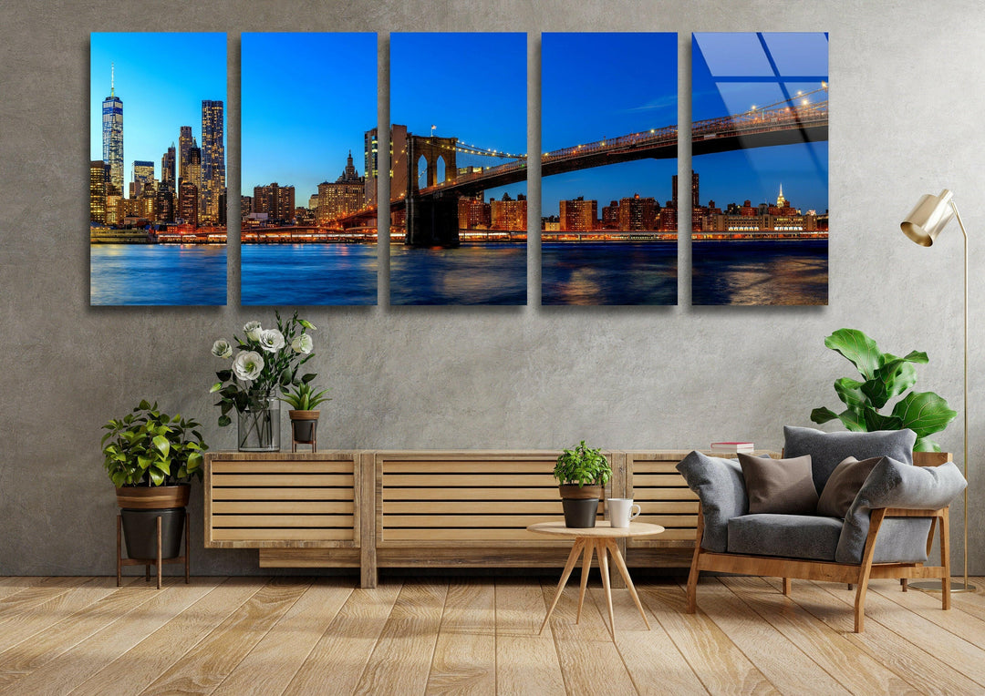 Brooklyn Bridge Night Cityscape Glass Wall Art, glass art painting, glass art for the Wall