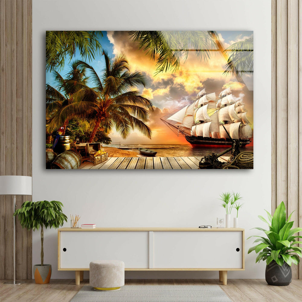 Island Pirate Ship Glass Wall Art glass photo prints, glass picture prints