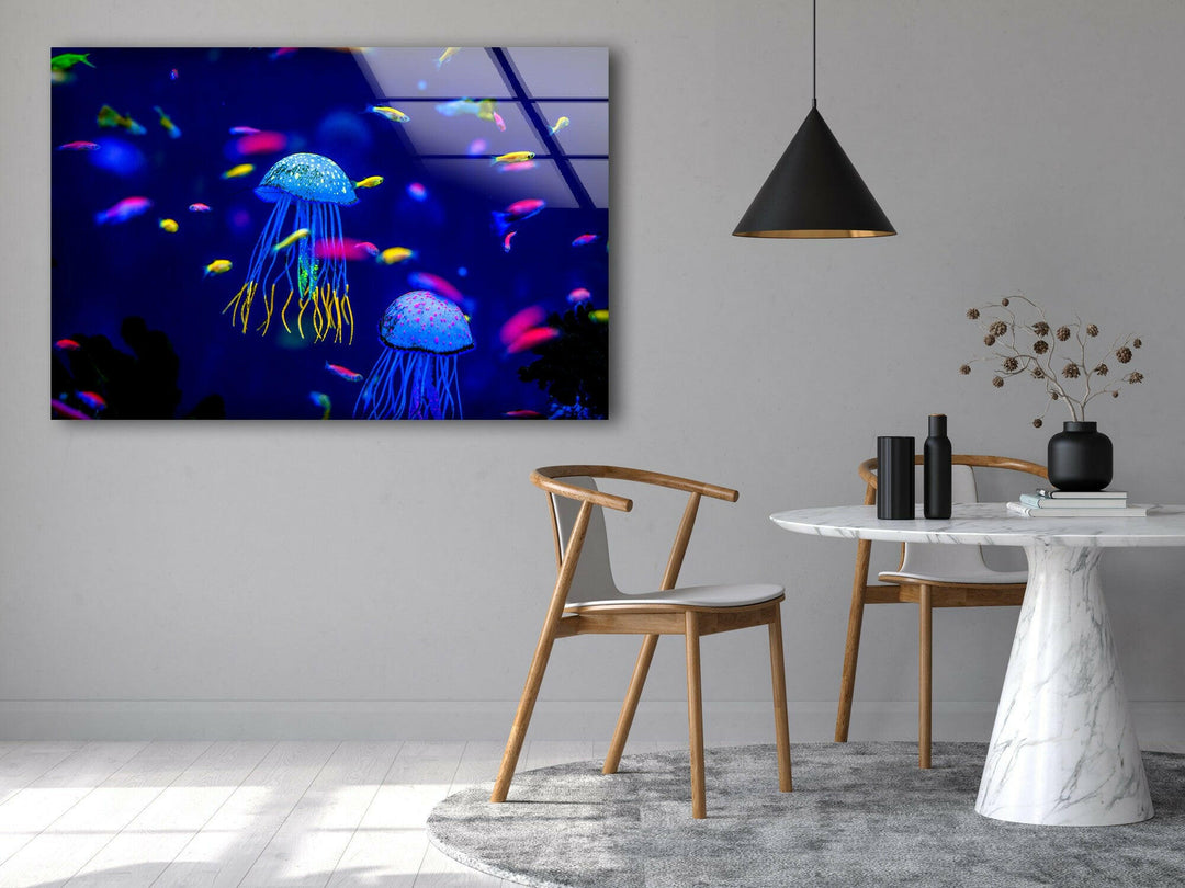 Ocean Jellyfish Glass Wall Art photo print on glass, prints on glass wall art