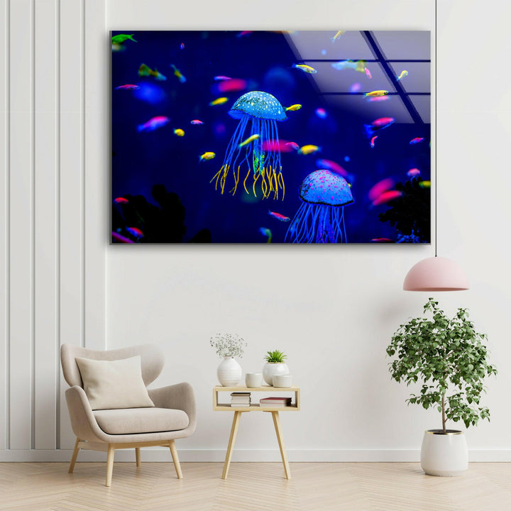 Ocean Jellyfish Glass Wall Art custom glass pictures, glass art prints