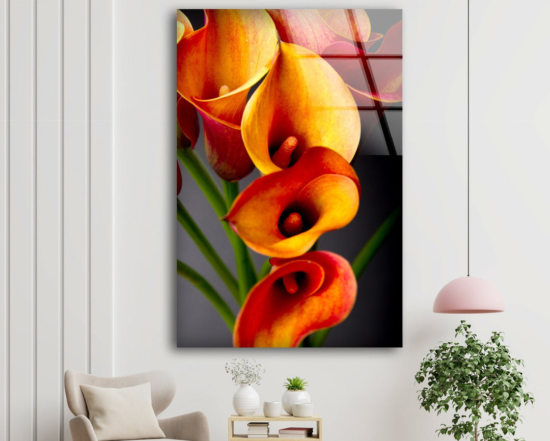 Orange Calla Lilies Glass Wall Art, art glass wall art, glass wall art pictures