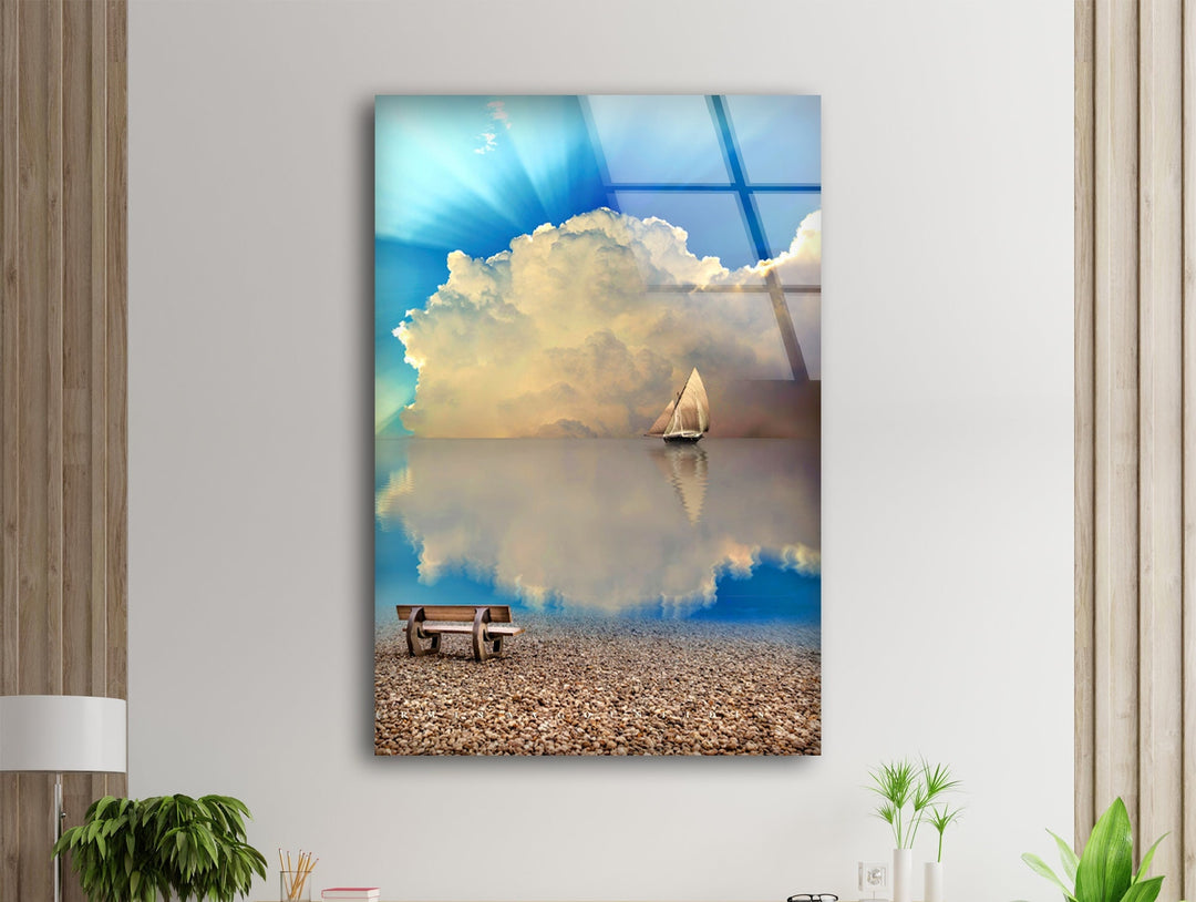 Sailboat Clouds Sea Glass Wall Art glass art painting, glass art for the Wall