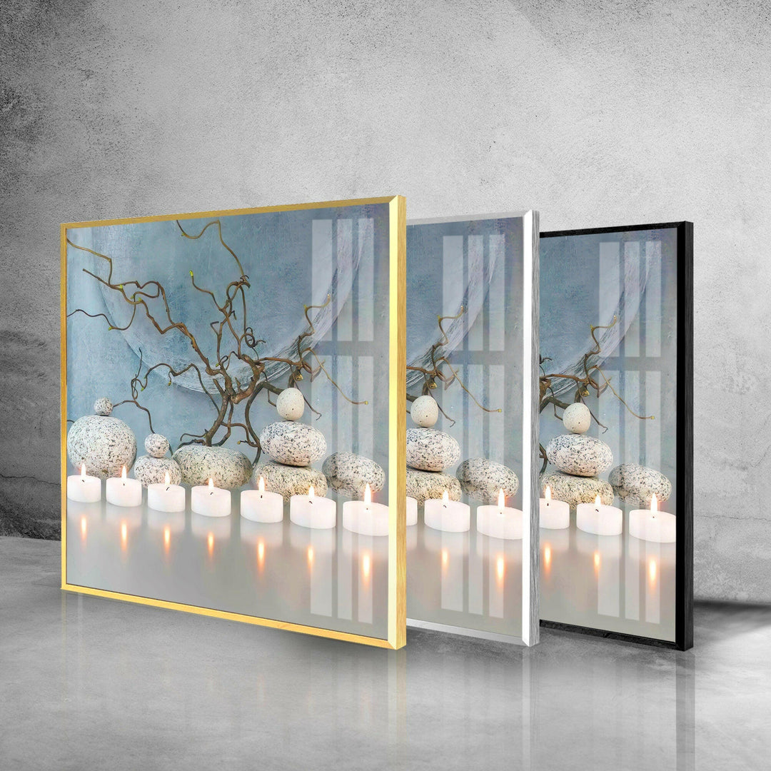 Candle With Zen Spa Stones Glass Wall Art