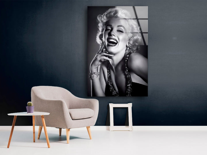 Marilyn Monroe Black & White Glass Wall Art picture on glass wall art, photos printed on glass
