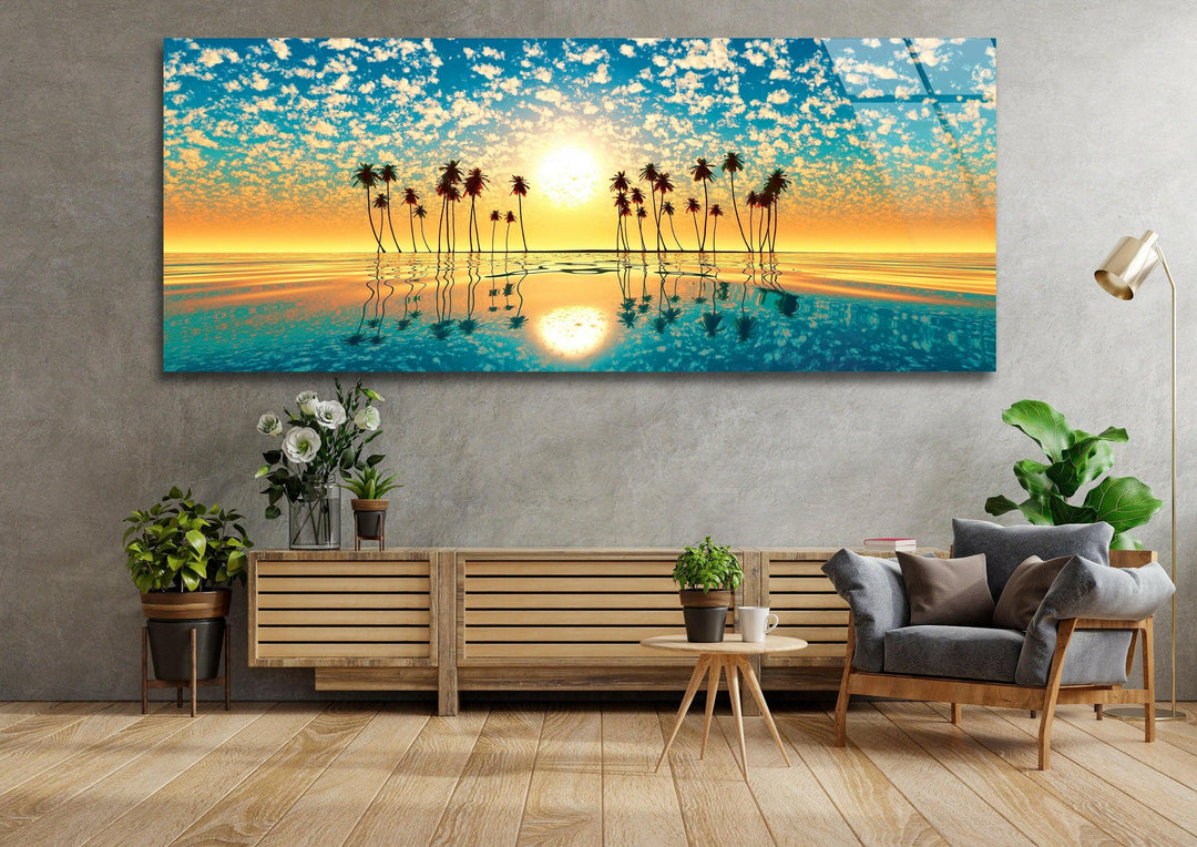 Tropical Palm Tree at Sunset Glass Wall Art