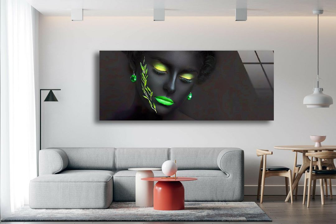 Neon, Black Woman Portrait Glass Wall Art, picture on glass wall art, photos printed on glass