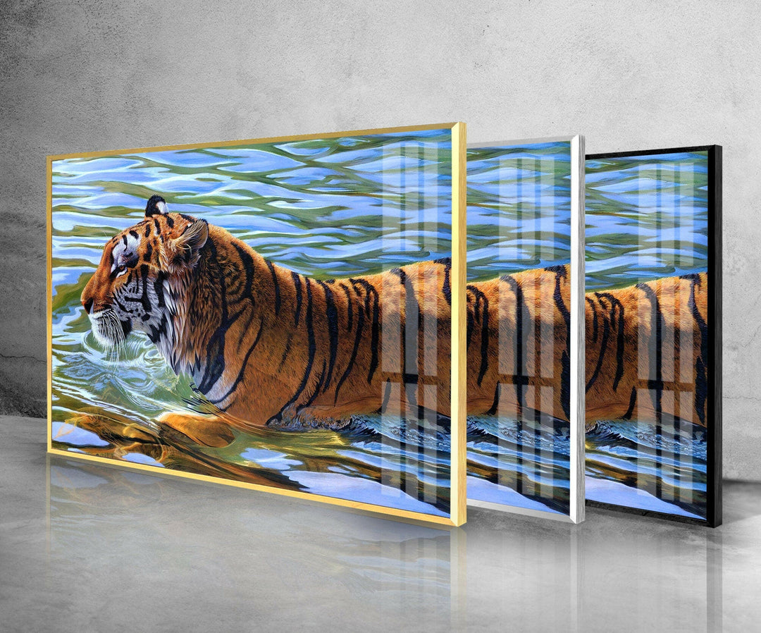 Swimming Tiger Glass Wall Art photo print on glass, prints on glass wall art