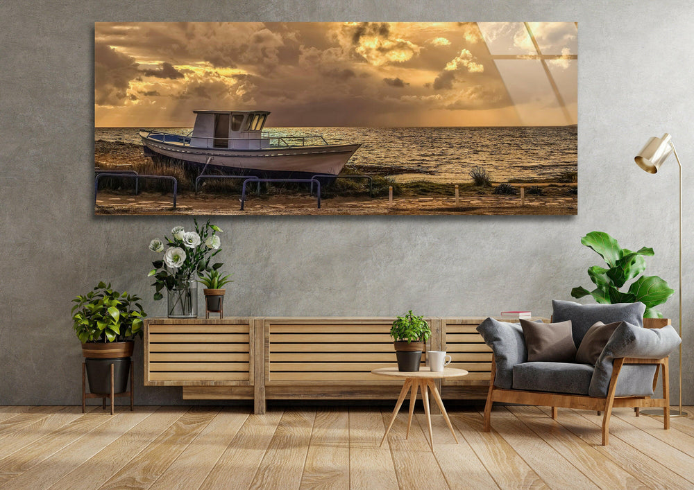 Fishing Boat On The Coastal Glass Wall Art, picture on glass wall art, photos printed on glass