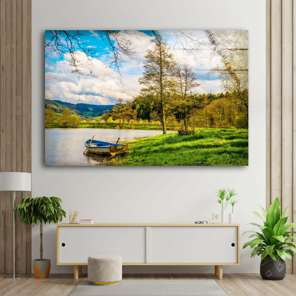 Lake Landscape With Boat Glass Wall Art print picture on glass, Tempered Glass Wall Art