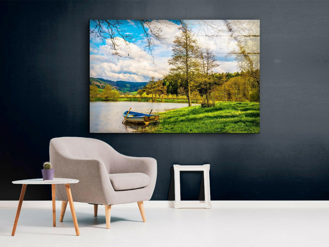 Lake Landscape With Boat Glass Wall Art art glass wall art, glass wall art pictures