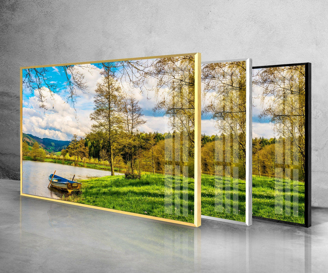 Lake Landscape With Boat Glass Wall Art glass image printing, glass prints from photos