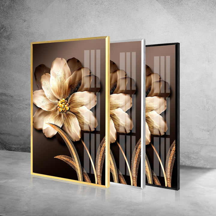 Golden Flower Glass Wall Art, custom glass pictures, glass art prints