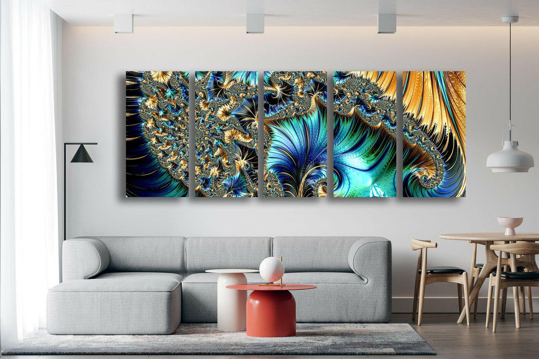 Golden Fractal Panoramic Glass Wall Art print on glass, glass printed photos