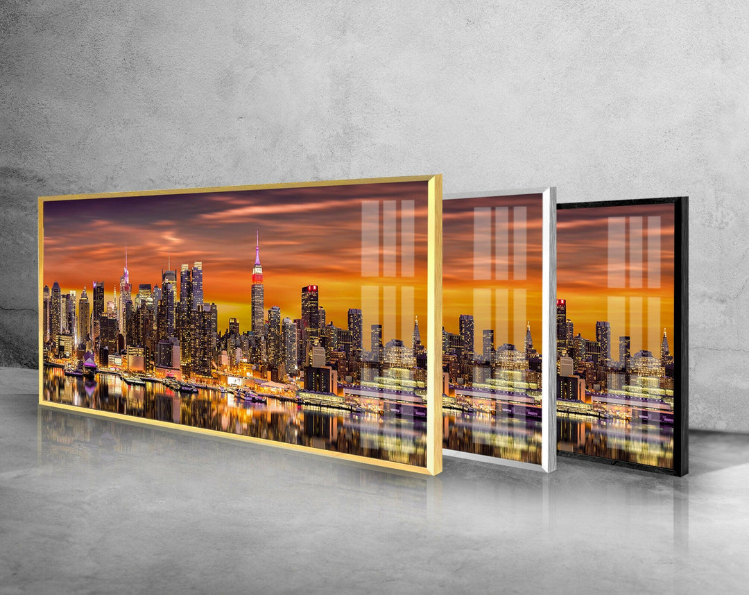 Midtown Manhattan Night Glass Wall Art, custom glass pictures, glass art prints